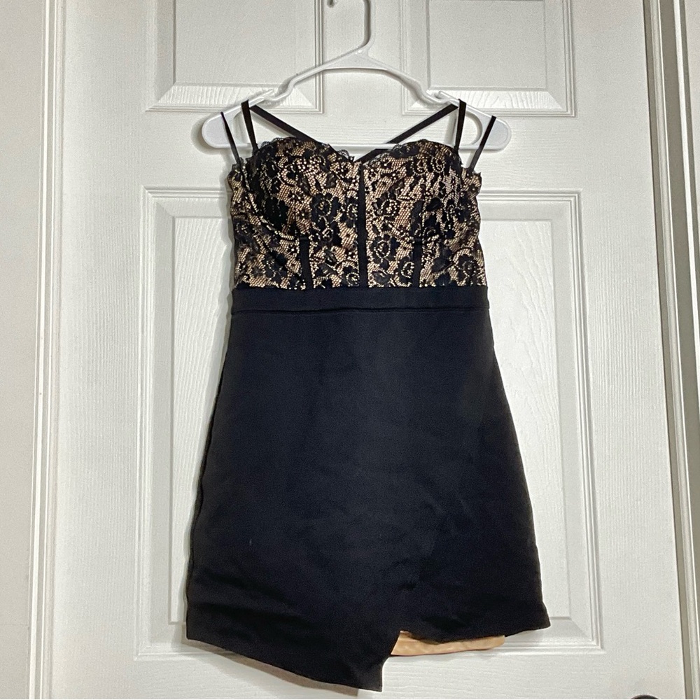 Bebe - Black Dress with Black Lace / Nude detailing - Size 12